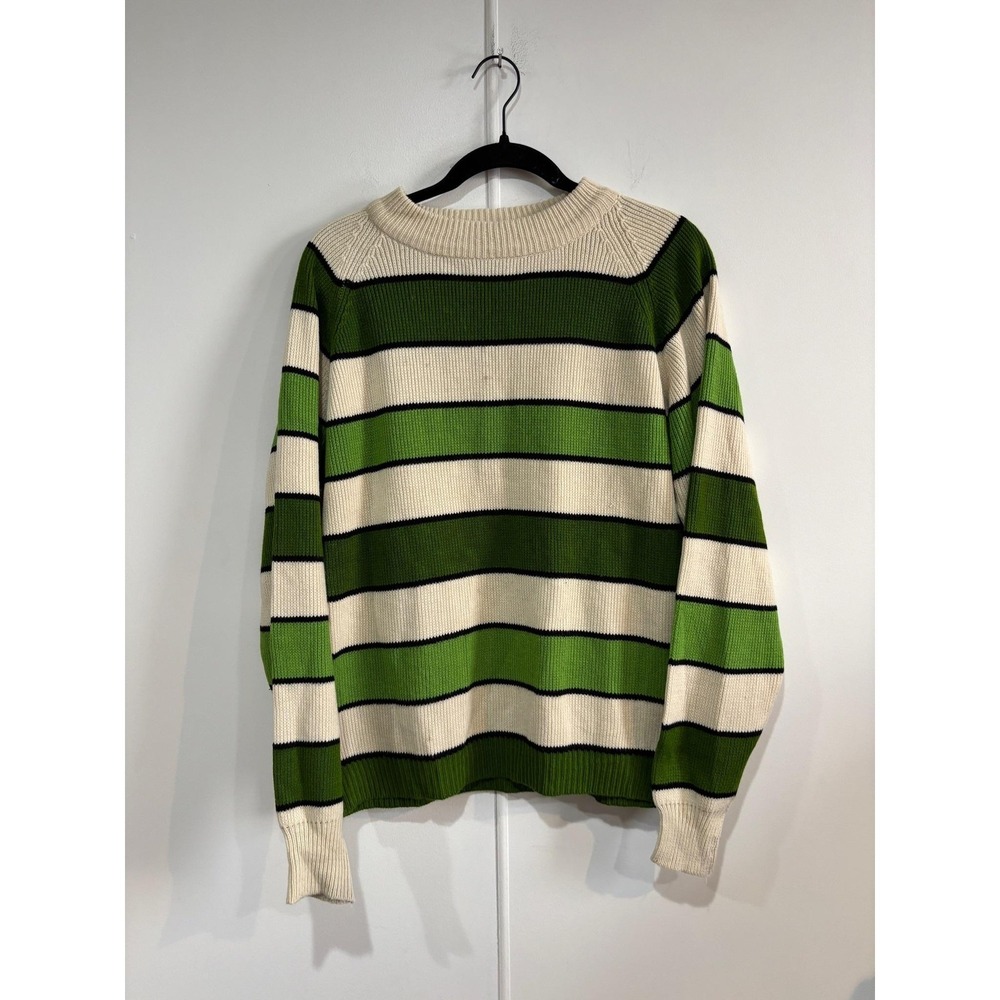 Vintage Sears‎ Sweater Mens Large Green Cream Striped Knit Crewneck Pullover 70s